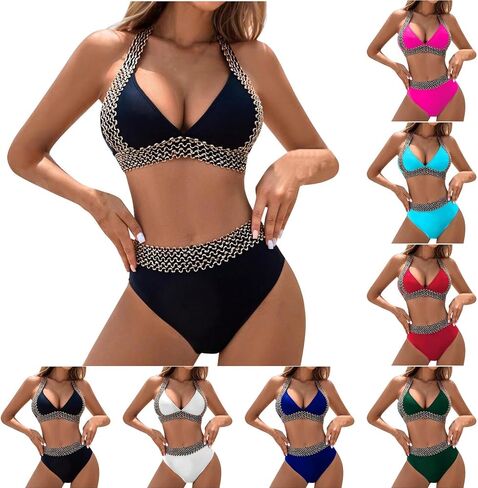 maisdgop High Waisted Bikini Sets for Women V Neck Tummy Control Swimsuits Comfy Soft Color Block Two Piece Bathing Suit in Saudi Arabia
