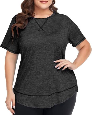 Plus Size Workout Tops for Women Short Sleeve Loose Fit Shirts Athletic Gym Yoga Clothing Breathable Sporty Shirt in Saudi Arabia
