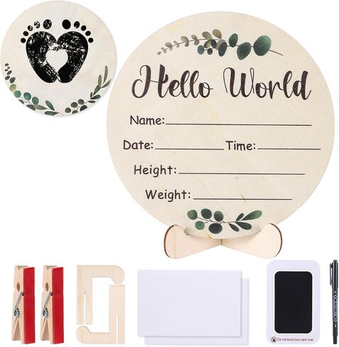 Baby Announcement Sign, Wooden Baby Name Sign for Welcome Baby, Double-Sided Hello World Name Sign with Marker Pen and Ink Pad for New Baby Hand Footprints, Baby Shower (Green Leaf) in Kuwait