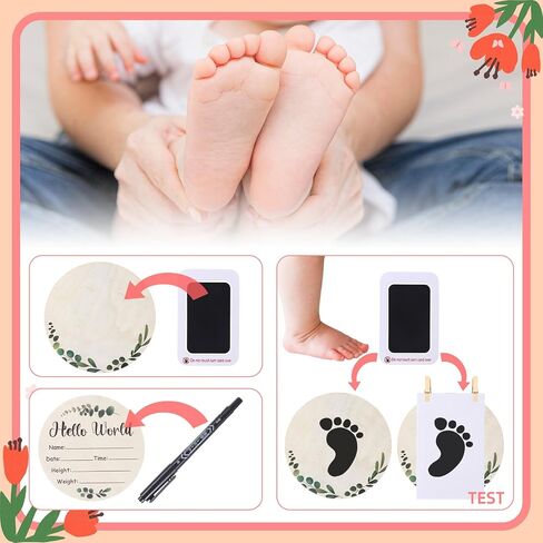 Baby Announcement Sign, Wooden Baby Name Sign for Welcome Baby, Double-Sided Hello World Name Sign with Marker Pen and Ink Pad for New Baby Hand Footprints, Baby Shower (Green Leaf) in Kuwait
