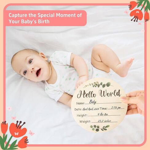 Baby Announcement Sign, Wooden Baby Name Sign for Welcome Baby, Double-Sided Hello World Name Sign with Marker Pen and Ink Pad for New Baby Hand Footprints, Baby Shower (Green Leaf) in Kuwait