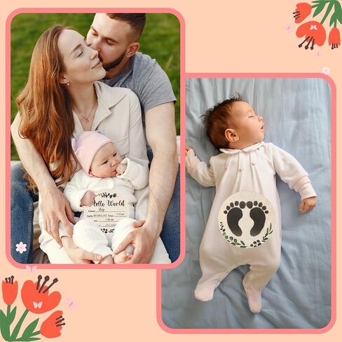 Baby Announcement Sign, Wooden Baby Name Sign for Welcome Baby, Double-Sided Hello World Name Sign with Marker Pen and Ink Pad for New Baby Hand Footprints, Baby Shower (Green Leaf) in Kuwait