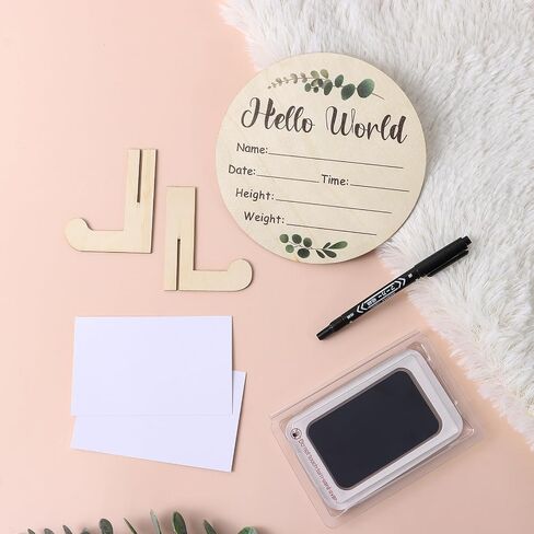 Baby Announcement Sign, Wooden Baby Name Sign for Welcome Baby, Double-Sided Hello World Name Sign with Marker Pen and Ink Pad for New Baby Hand Footprints, Baby Shower (Green Leaf) in Kuwait