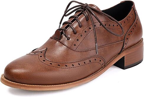 Women's Leather Wingtip Low Chunky Heel Oxfords Vintage Lace-Up Comfort Brogue Saddle Shoes Casual Breathable Business Dress Work Shoes in Saudi Arabia