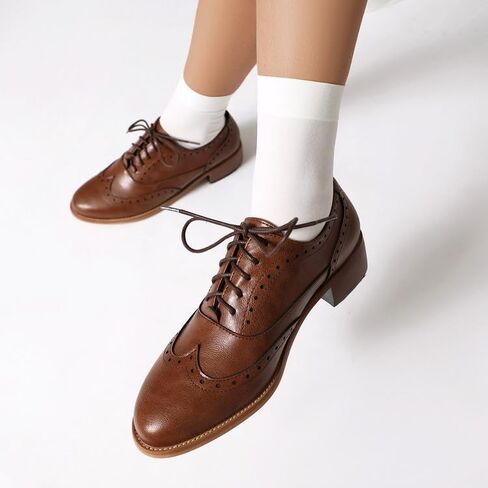 Women's Leather Wingtip Low Chunky Heel Oxfords Vintage Lace-Up Comfort Brogue Saddle Shoes Casual Breathable Business Dress Work Shoes in Saudi Arabia