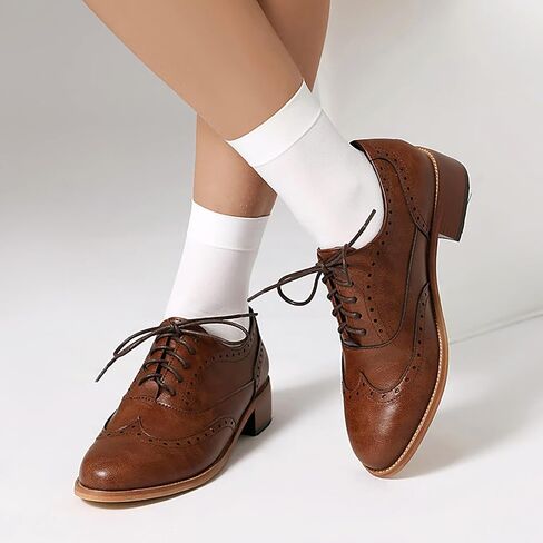 Women's Leather Wingtip Low Chunky Heel Oxfords Vintage Lace-Up Comfort Brogue Saddle Shoes Casual Breathable Business Dress Work Shoes in Saudi Arabia