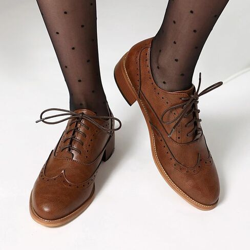 Women's Leather Wingtip Low Chunky Heel Oxfords Vintage Lace-Up Comfort Brogue Saddle Shoes Casual Breathable Business Dress Work Shoes in Saudi Arabia