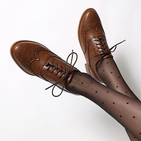 Women's Leather Wingtip Low Chunky Heel Oxfords Vintage Lace-Up Comfort Brogue Saddle Shoes Casual Breathable Business Dress Work Shoes in Saudi Arabia