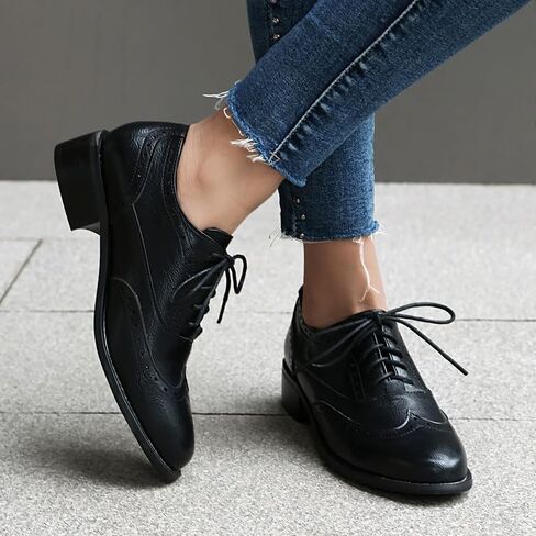 Women's Leather Wingtip Low Chunky Heel Oxfords Vintage Lace-Up Comfort Brogue Saddle Shoes Casual Breathable Business Dress Work Shoes in Kuwait