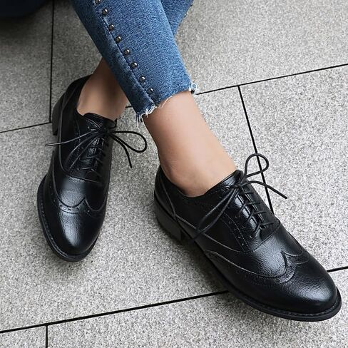Women's Leather Wingtip Low Chunky Heel Oxfords Vintage Lace-Up Comfort Brogue Saddle Shoes Casual Breathable Business Dress Work Shoes in Kuwait