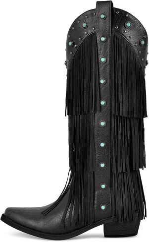 sexytag Women's Fringe Western Cowboy Boots with Tassals Turquoise Studs Pointed Toe Cowgirl Knee High Boots in Saudi Arabia