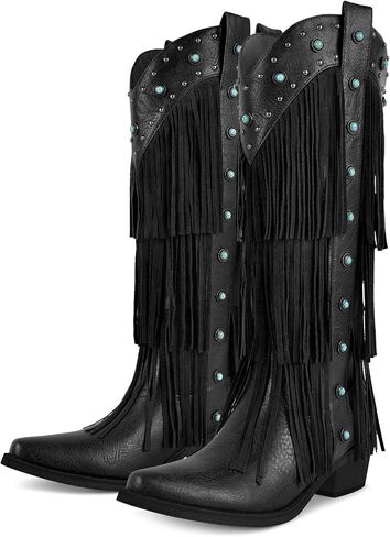 sexytag Women's Fringe Western Cowboy Boots with Tassals Turquoise Studs Pointed Toe Cowgirl Knee High Boots in Saudi Arabia