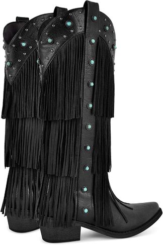 sexytag Women's Fringe Western Cowboy Boots with Tassals Turquoise Studs Pointed Toe Cowgirl Knee High Boots in Saudi Arabia