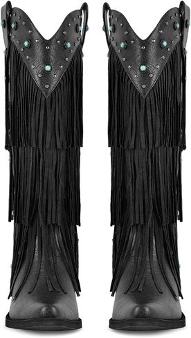 sexytag Women's Fringe Western Cowboy Boots with Tassals Turquoise Studs Pointed Toe Cowgirl Knee High Boots in Saudi Arabia