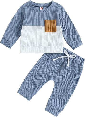 Toddler Baby Boy Fall Clothes Waffle Contrast Color Sweatshirt Pants Sets Infant Winter Outfits 6 12 18 24 Months in Saudi Arabia