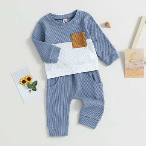 Toddler Baby Boy Fall Clothes Waffle Contrast Color Sweatshirt Pants Sets Infant Winter Outfits 6 12 18 24 Months in Saudi Arabia