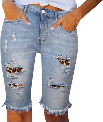 Women Distressed Washed Denim Jean Short Ripped Knee Lenght Denim Shorts Mid Waist Stretchy Frayed Jean Shorts in Kuwait
