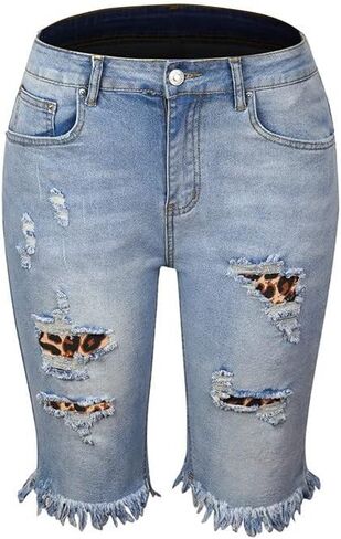 Women Distressed Washed Denim Jean Short Ripped Knee Lenght Denim Shorts Mid Waist Stretchy Frayed Jean Shorts in Kuwait