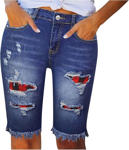 Women Distressed Washed Denim Jean Short Ripped Knee Lenght Denim Shorts Mid Waist Stretchy Frayed Jean Shorts in Kuwait