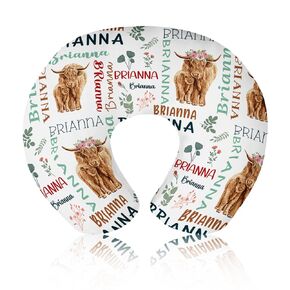 Baby Nursing Pillow Cover - Personalized Name Breastfeeding Pillow Cover with Highland Cow Pattern, Stretchy Removable U-Shaped for New Moms, Soft Breathable Slipcover for Infant Boys Girls