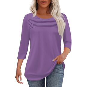 3/4 Sleeve Tops for Women Solid Color Crewneck T Shirt Pleated Pullover Going Out Blouses Comfy Dressy Tunics