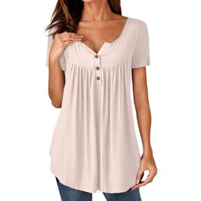 Womens T Shirts Short Sleeve Pleated Dressy Casual Button Down V Neck Summer Tops Solid Color Blouses