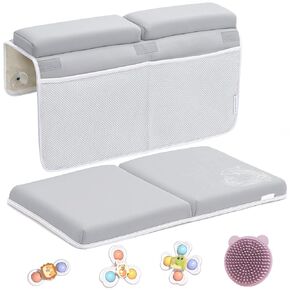 Mostop Bath Kneeler and Elbow Rest Pad Set - Bathtub Kneeling Pad for Baby Bathing - Thick Quick Dry Kneeling Pad Support for Knee & Arm - Non-Slip Bathtub Mat with Toys Organizer, 3 Bath Toys