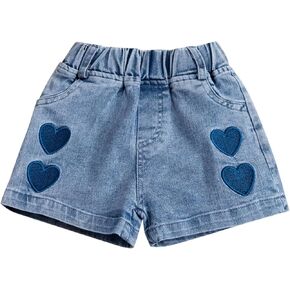Toddler Girls Pull on Denim Shorts Elastic Waist Embroidered Love Print High Waisted Jeans Short Baby Summer Beach Wear