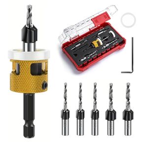 5 pcs countersink bit bit prick مع توقف عمق الاحتكاك المنخفض ، قابلة للاستبدال HSS M2 بتات مدببة 1/8 "9/64" 5/32 "مثقاب+ 3/8" 82 درجة ، عداد العداد ، 11/64 "3/16" الحفر+ 1/2 "82 ° ، حدود 1/4" HEX شانك