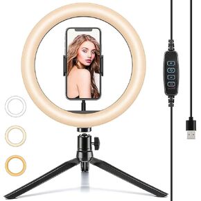10" Ring Light with Tripod Stand for Desk for Video Recording and Makeup, Adjustable Halo Light with Cell Phone Holder LED Lamp with 3 Light Modes & 11 Brightness Level (10 inch with Desk Stand)