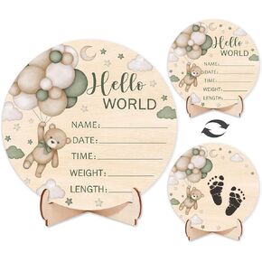 Double-Sided Wooden Newborn Birth Sign, Pink Bear Baby Announcement Sign, Girl Bear Hello World Name Sign for Hospital, Gift for New Mom Baby Shower, Photography Prop