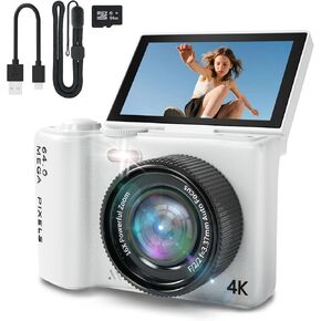 16X Zoom 4K Digital Camera for Photography and Video, Point and Shoot Digital Cameras with Flip Screen, Small Digital Camera with WiFi and Bluetooth, Vlogging Camera for YouTube Video Recording White