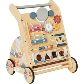 LOL-FUN Wooden Baby Walker with Detachable Busy Board, Push Walker for Baby with Adjustable Speed Wheels, Activity Learning Walker for Boys 6-12 Months