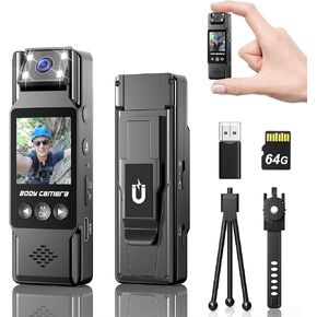 Body Camera 4K HD Police Body Cam 128G Portable Mini Body Camera 180° Rotatable Lens 1200mAh 6H Battery, 1.3" LCD, Flash Light for Cycling, Daily Records, Delivery/Serving Jobs