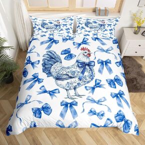 jejeloiu Chicken Comforter Cover Toddler Size Blue Bow Bedding Set for Boys Girls Children Bowknot Animals Blue White Duvet Cover Room Decor 2Pcs,NO Comforter