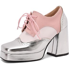 SHEMEE Multi-Colored Oxford Heels for Women Square Toe Chunky High Heels Platform Pumps Lace Up Derby Shoe Leisure Perforated Brogues Work Office Dress Shoes