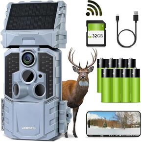 WOSPORTS 48MP WiFi Trail Camera with 7800mAh Rechargeable Solar Panel,Real 2K MP4 Video+Sound,Cell Phone App,0.1s Bluetooth Game Camera with Night Vision Motion Activated IP66 Waterproof for Wildlife