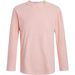 Kids Girls Long Sleeve T-Shirt Casual Round Neck Lace Trim Ribbed Knit Thermal Tops Solid Color Undershirt