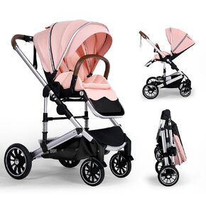 Convertible Baby Stroller, Folding Infant Stroller with Large Canopy, Portable Baby Carriage Pushchair with Adjustable Backrest, Cup Holder, Storage Basket (Pink)