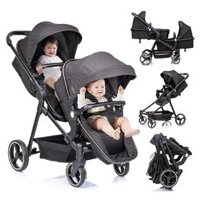 Baby Double Stroller-مقعد واحد قابلة للطي في عربة جنبا إلى جنب منفردة ومزدوجة الوزن ، مقعد قابل للانعكاس للطفل الجديد والطفل مع حزام أمان من 5 نقاط ، ومظلة قابلة للتعديل والمقبض ، والدرابزين ، والخزانة