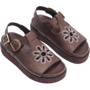 Brown Flower Platform Sandals for Women with Adjustable Buckle Back Strap Comfort Summer Open Toe Slip on Slingback T-Strap Beach Sandals.