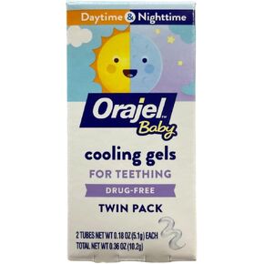 Orajel Baby Stage 1, Ages 0+ Daytime & Nighttime Cooling Gels for Teething, Drug-Free, No Benzocaine, Belladonna, or Dyes, Travel Size Twin Pack, 2 Tubes, 0.18 oz Each (0.36 oz Total) (Pack of 4)