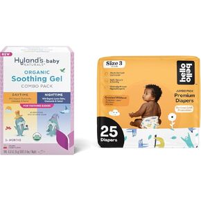 Hyland's Baby - Organic Day/Night Soothing Gel Combo Pack, Natural Relief of Oral Discomfort (2 Tubes of 0.53 oz.) + Hello Bello Premium Baby Diapers Size 3, 25 Count