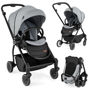 BABY JOY Baby Stroller, Foldable Toddler Stroller with Reversible Seat, Adjustable Backrest/Canopy/Handle/Footrest, Storage Basket, Suspension Wheels, Aluminum Frame (Gray)
