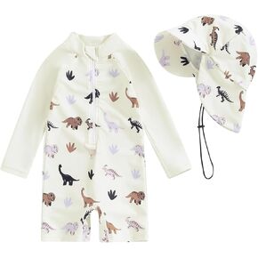 Kids 2 Piece Swim Cover up with Hat Rash Guard Animal Print Long Sleeve Swimming Shirts Tops Toddler Baby Beachwear