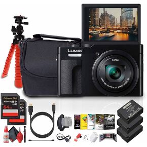Panasonic ZS99 Point and Shoot Compact Travel Digital Camera (Black) (DC-ZS99K) + Photography Software + 2 x 64GB Memory Card + 2 x DMW-BLG10 Battery + Camera Bag + Flexible Tripod + More