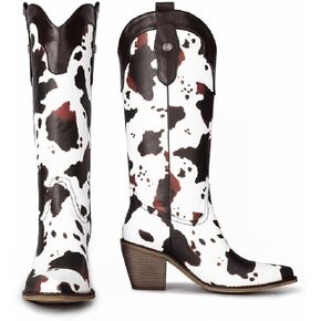 Richealnana Woment's Western Cow Print Pull on Cowgirl Knee High Boots Block Block Heel Booties