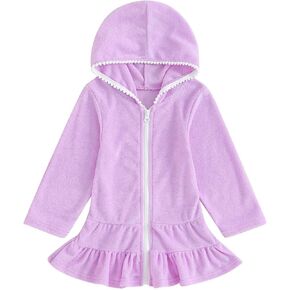 Toddler Girls Long Sleeve Cover Dress Solid Full Zipper Hoodie Swim Coverup Baby Kids Terry Cloth Summer Swimsuit