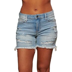 Women Casual Stretchy Denim Shorts High Waisted Ripped Jeans Shorts Distressed Hem Frayed Denim Hot Short