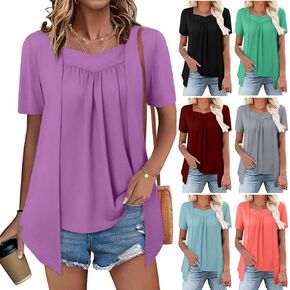 Women's Summer Fake Two Piece Tops Trendy 2025 Plus Size Shirts Tunics Casual Short Sleeve Square Neck Blouses